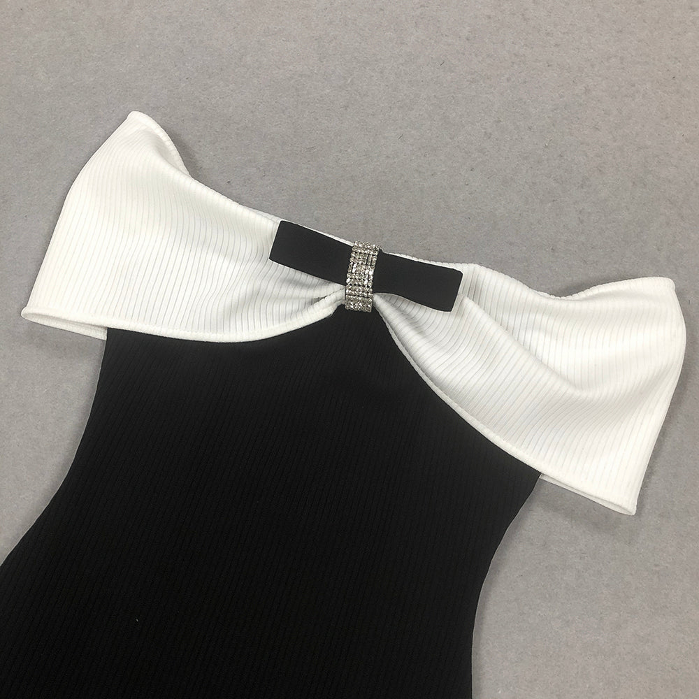 Bardot Ribbed Fluted Midi Dress Black White
