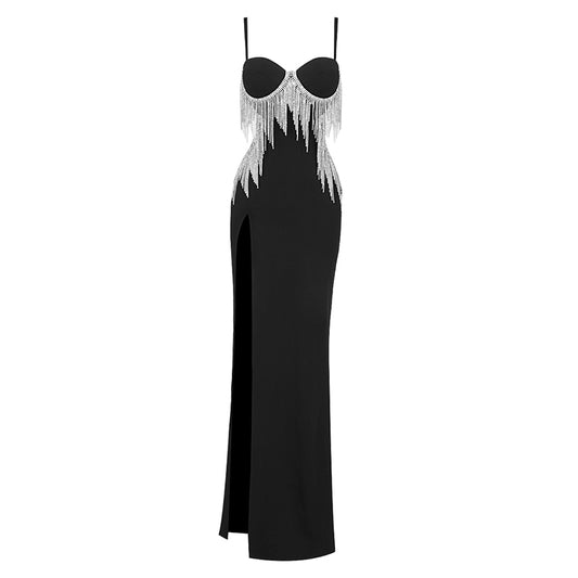Bustier Rhinestone Tassel Maxi Dress Black HV8372