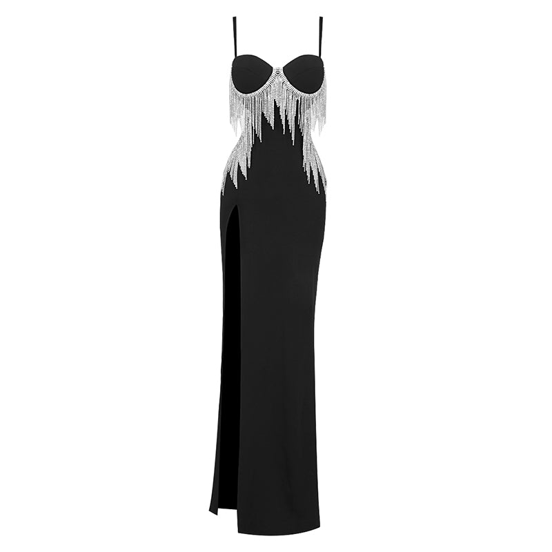 Bustier Rhinestone Tassel Maxi Dress Black HV8372
