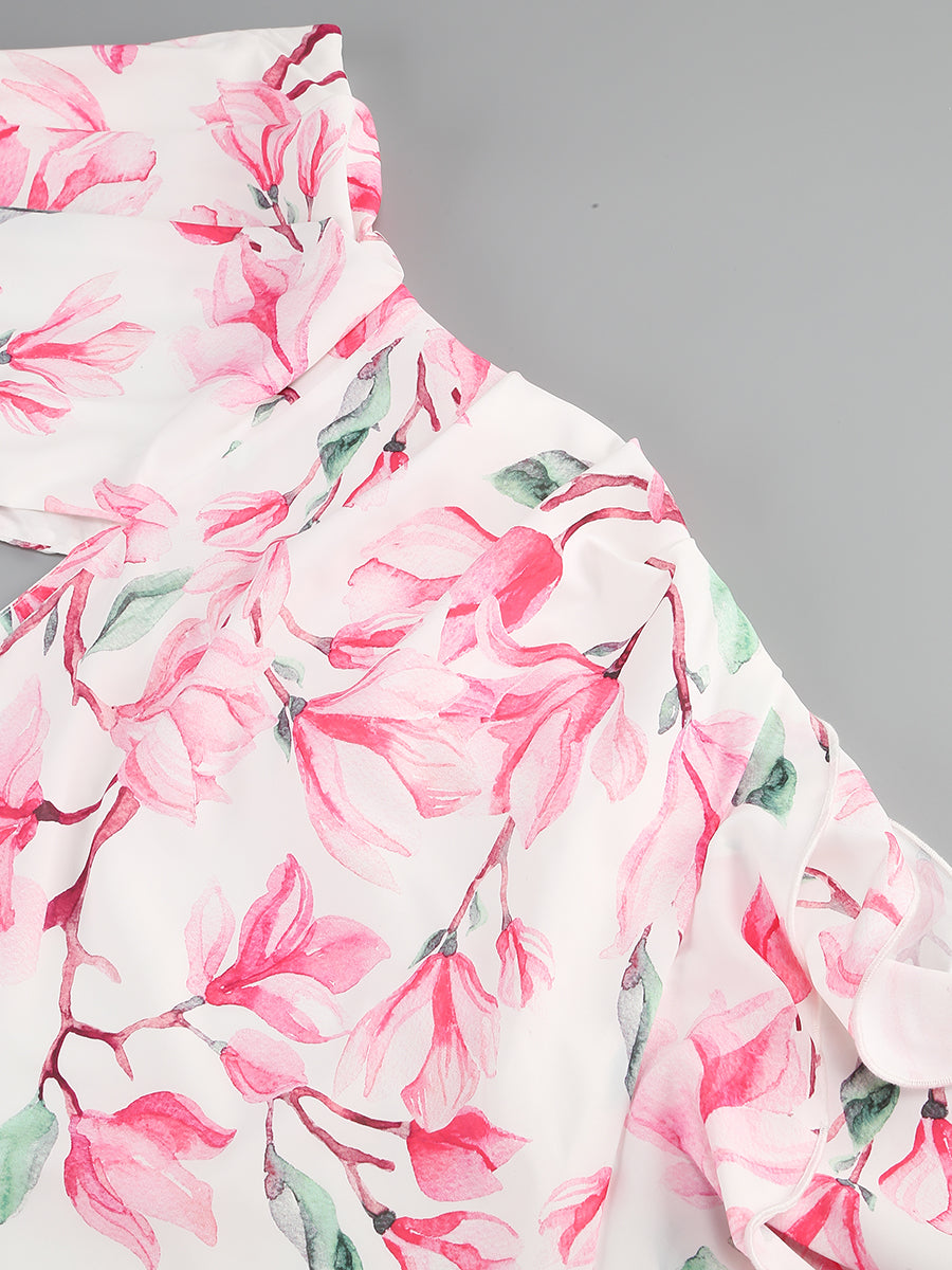 One Sleeve Floral Ruffle Maxi Dress Rose Pink HV1367