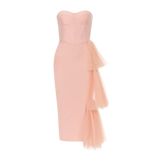 Strapless Bustier Mesh Detail Midi Dress Pink HV9531