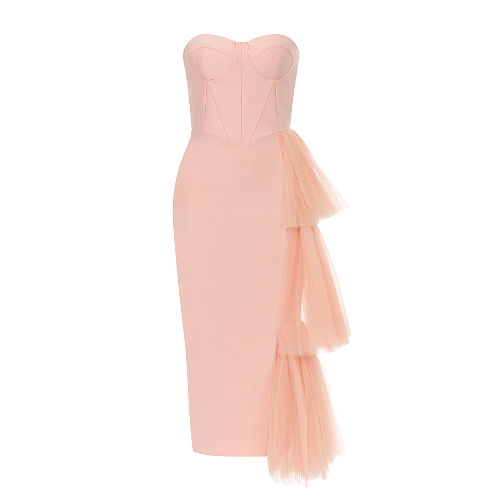 Strapless Bustier Mesh Detail Midi Dress Pink HV9531
