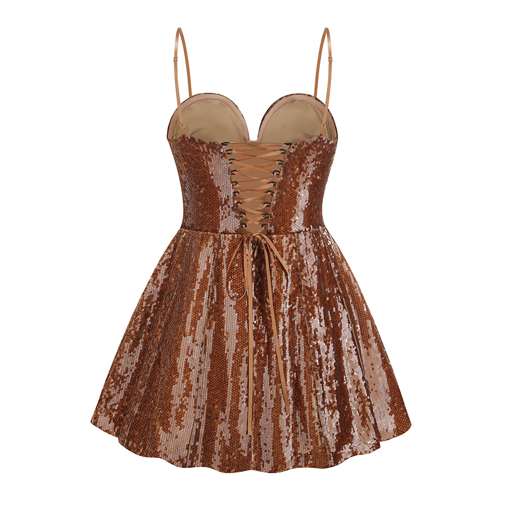 Floral Detail Sequin A Line Corset Dress HV1489