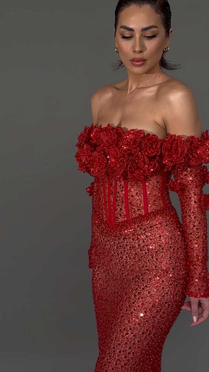 Long Sleeve Floral Bardot Sequin Maxi Dress Red HV1798