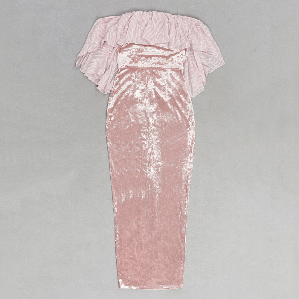 Ruffle Off Shoulder Maxi Velvet Dress Pink HV9754