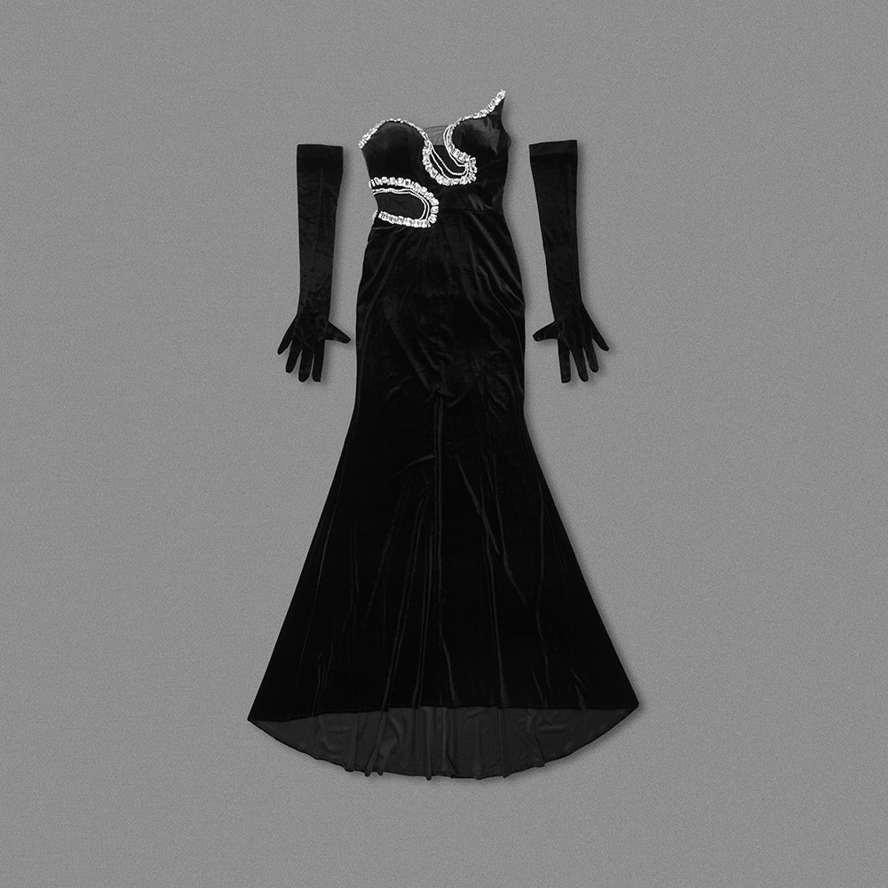 Strapless Crystal Mermaid Maxi Velvet Dress Black HV1763