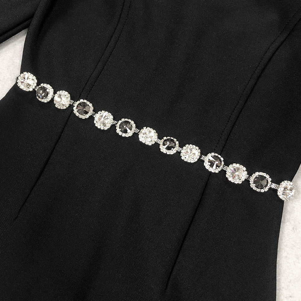 Long Sleeve Crystal Trim Dress Black HV1665