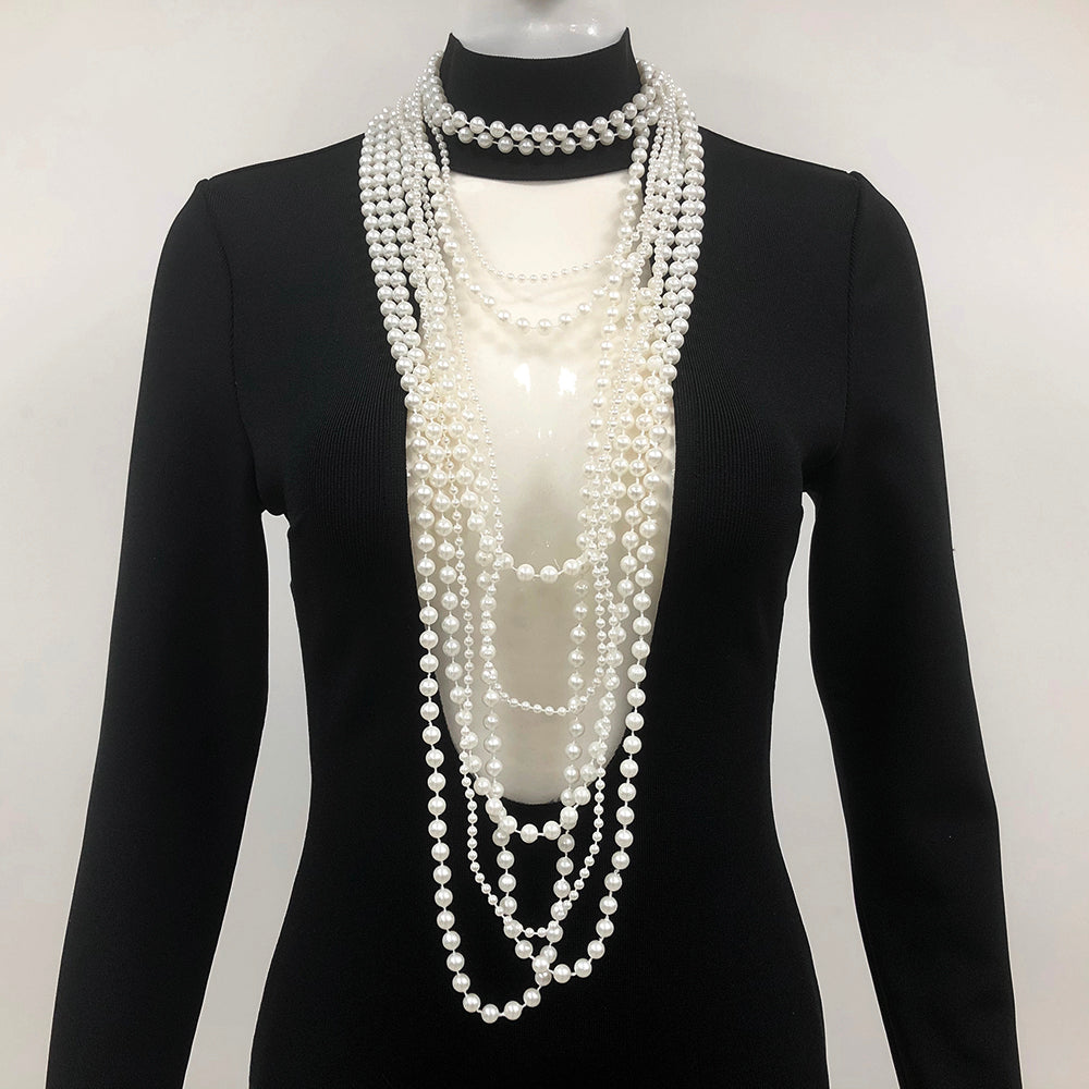 Long Sleeve Pearl Necklace Maxi Dress Black HV1700