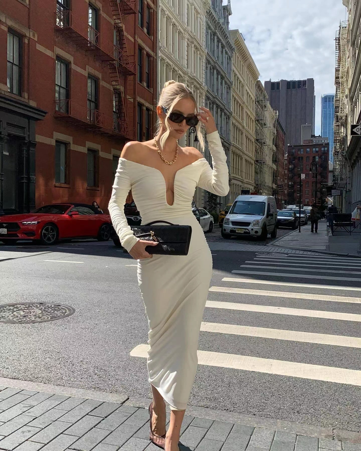 Long Sleeve Ruched Bardot Midi Dress White HV1923