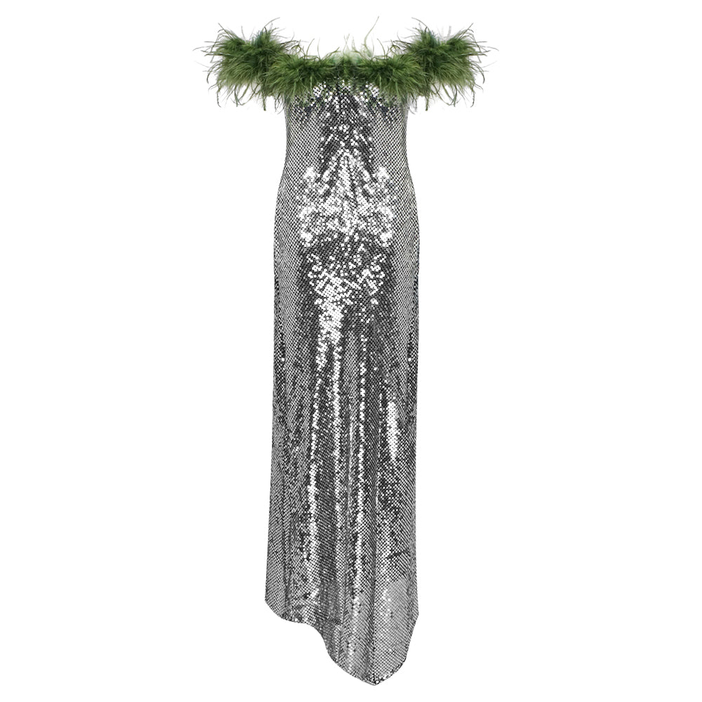 Feather Off Shoulder Sequin Maxi Dress Green Silver HV9631