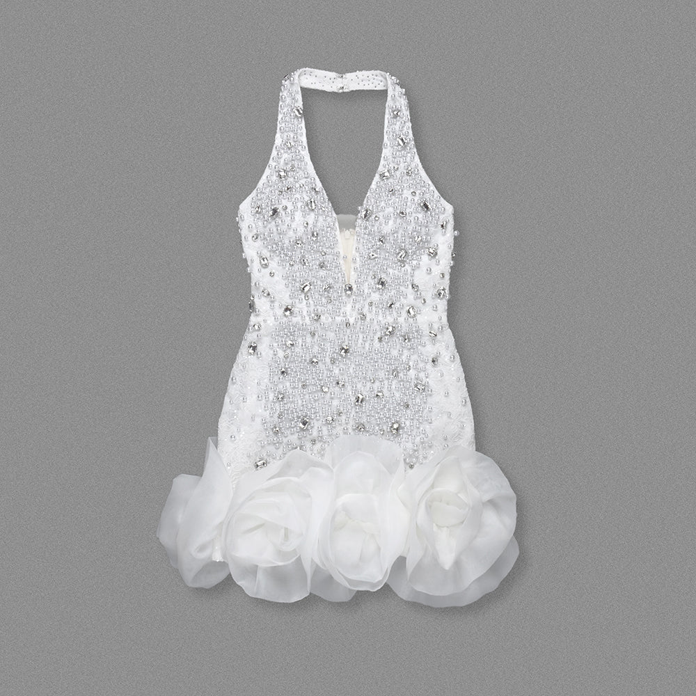 Halter Pearl Crystal Dress White HV1906