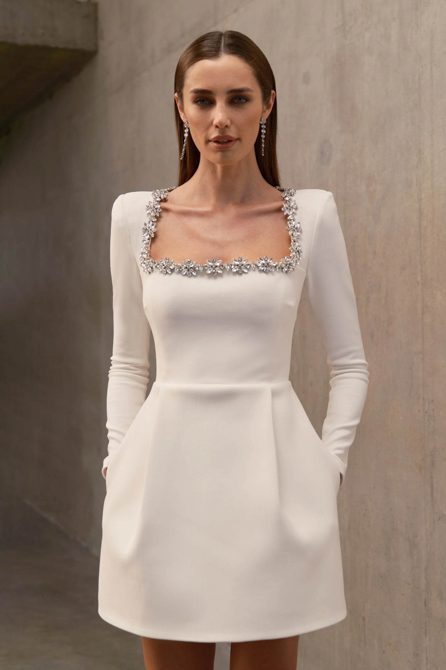 Long Sleeve Crystal A Line Dress White HV1295