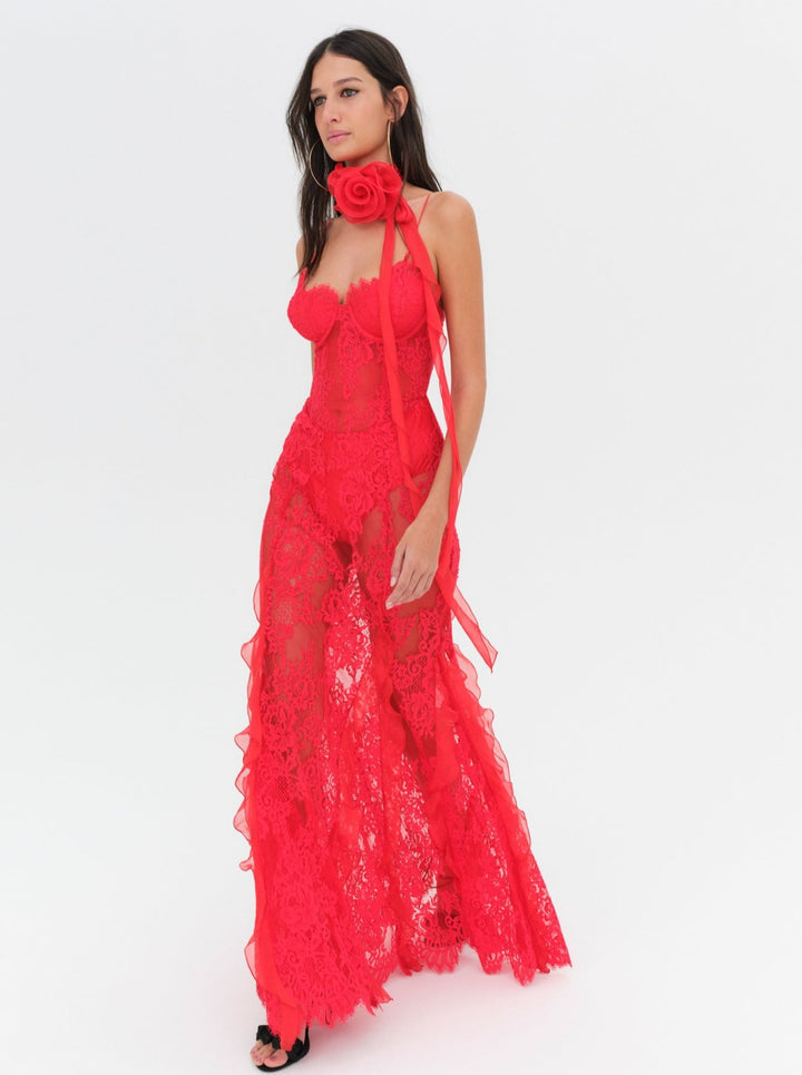 Floral Lace Bustier A Line Maxi Dress Red HV1787