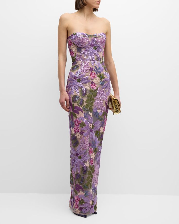 Strapless Floral Sequin Bustier Maxi Dress Lavender HV1373
