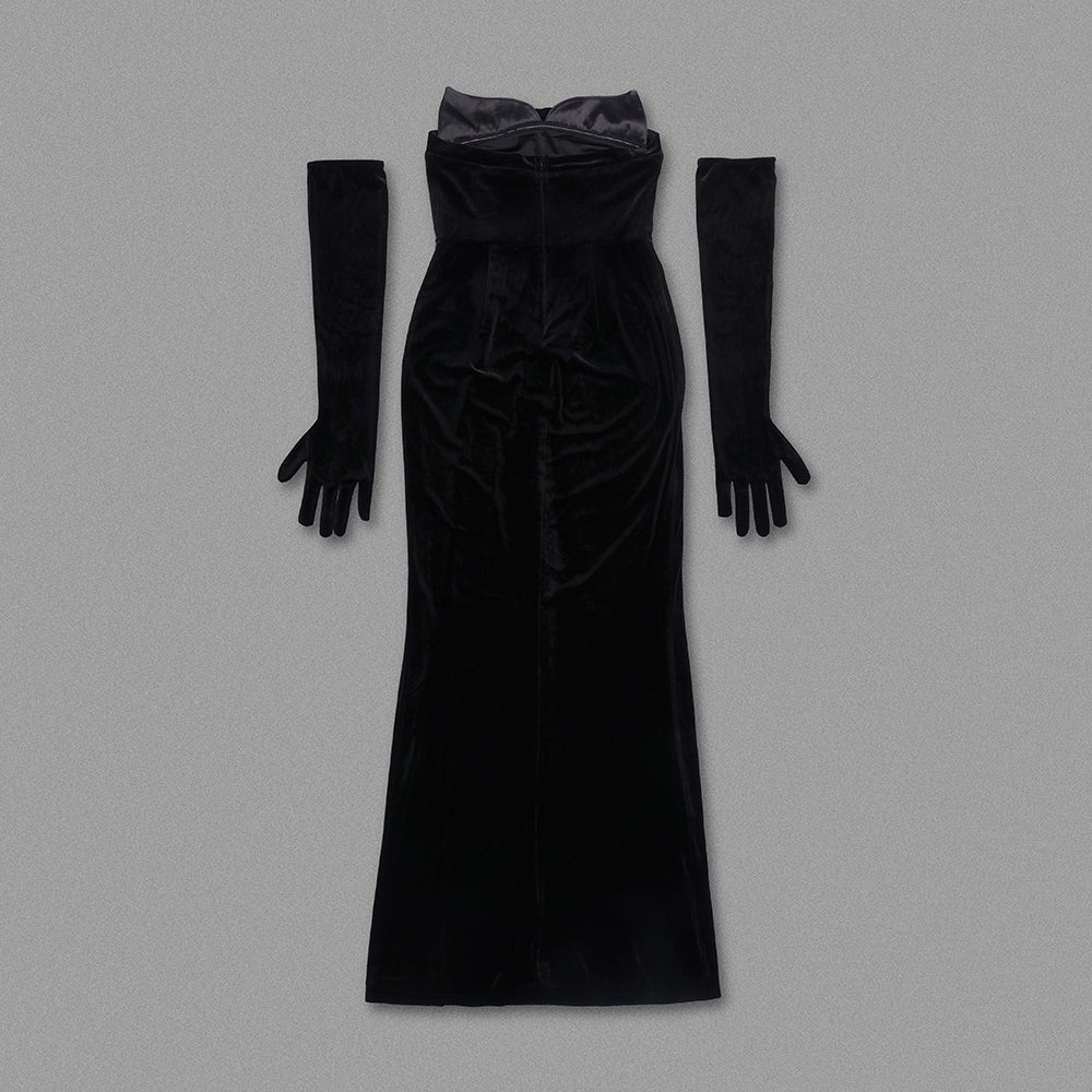 Strapless Embellished Maxi Velvet Dress Black HV1204