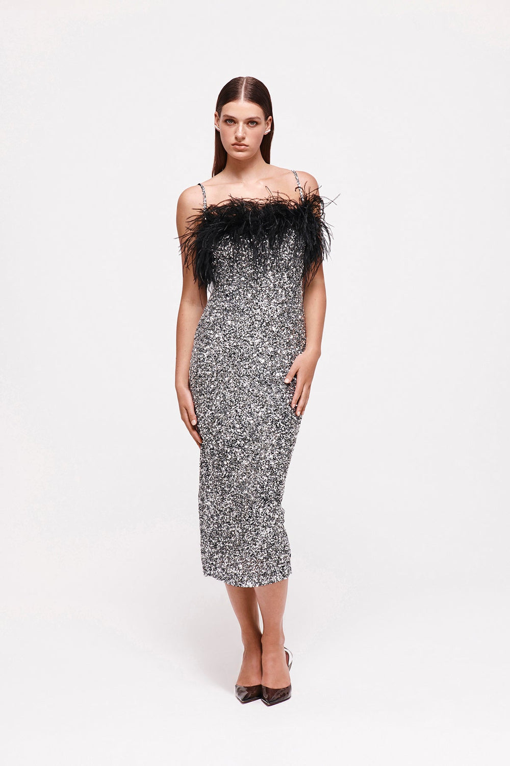 Feather Detail Sequin Midi Dress Pink White