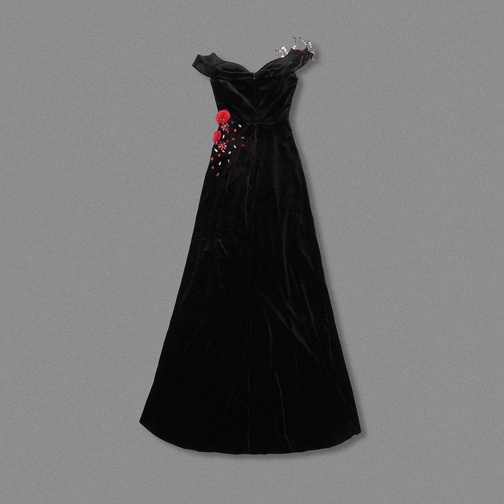 Floral Crystal Bardot Maxi Velvet Dress Black Red HV1831