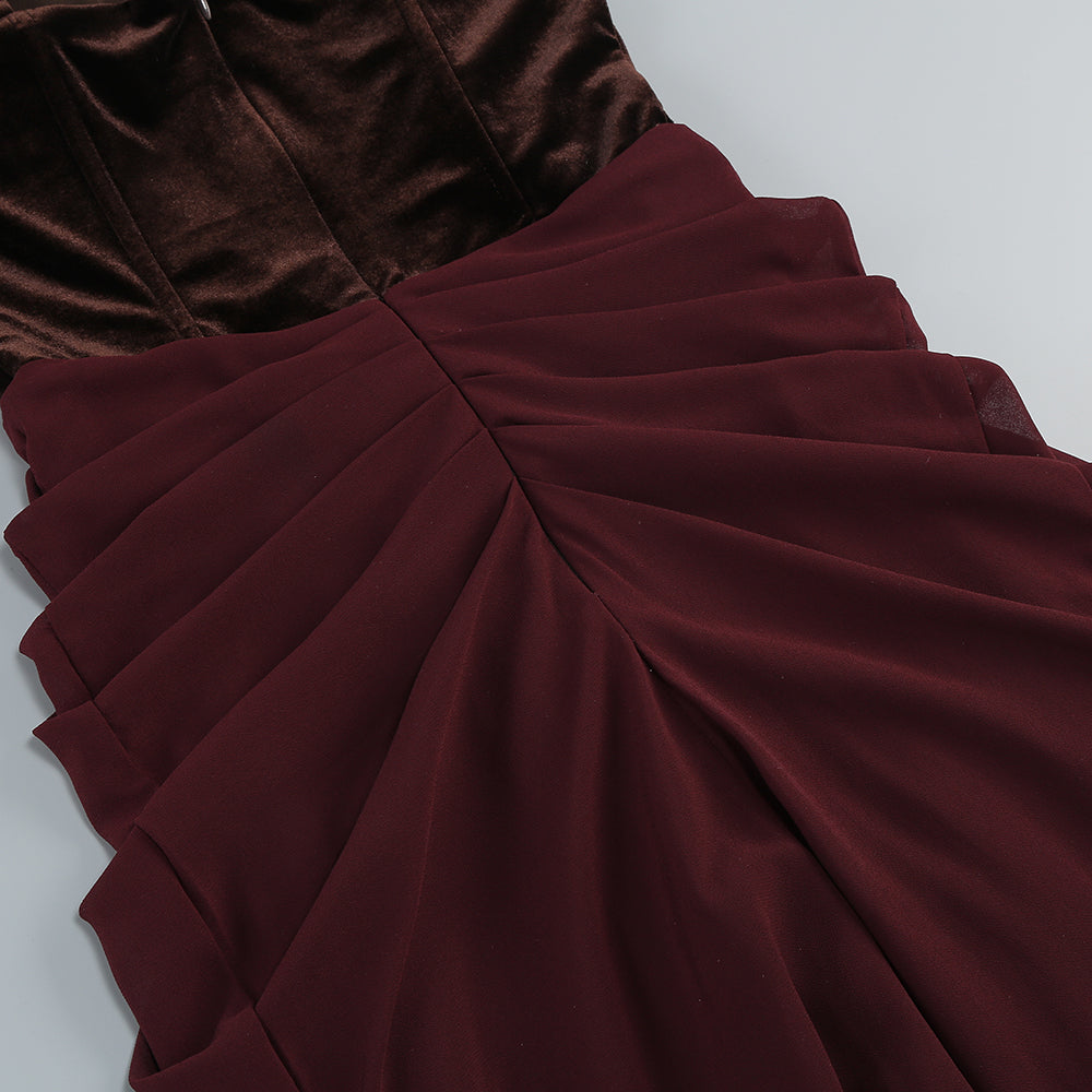 Velvet Bustier Draped Maxi Dress Brown HV2136