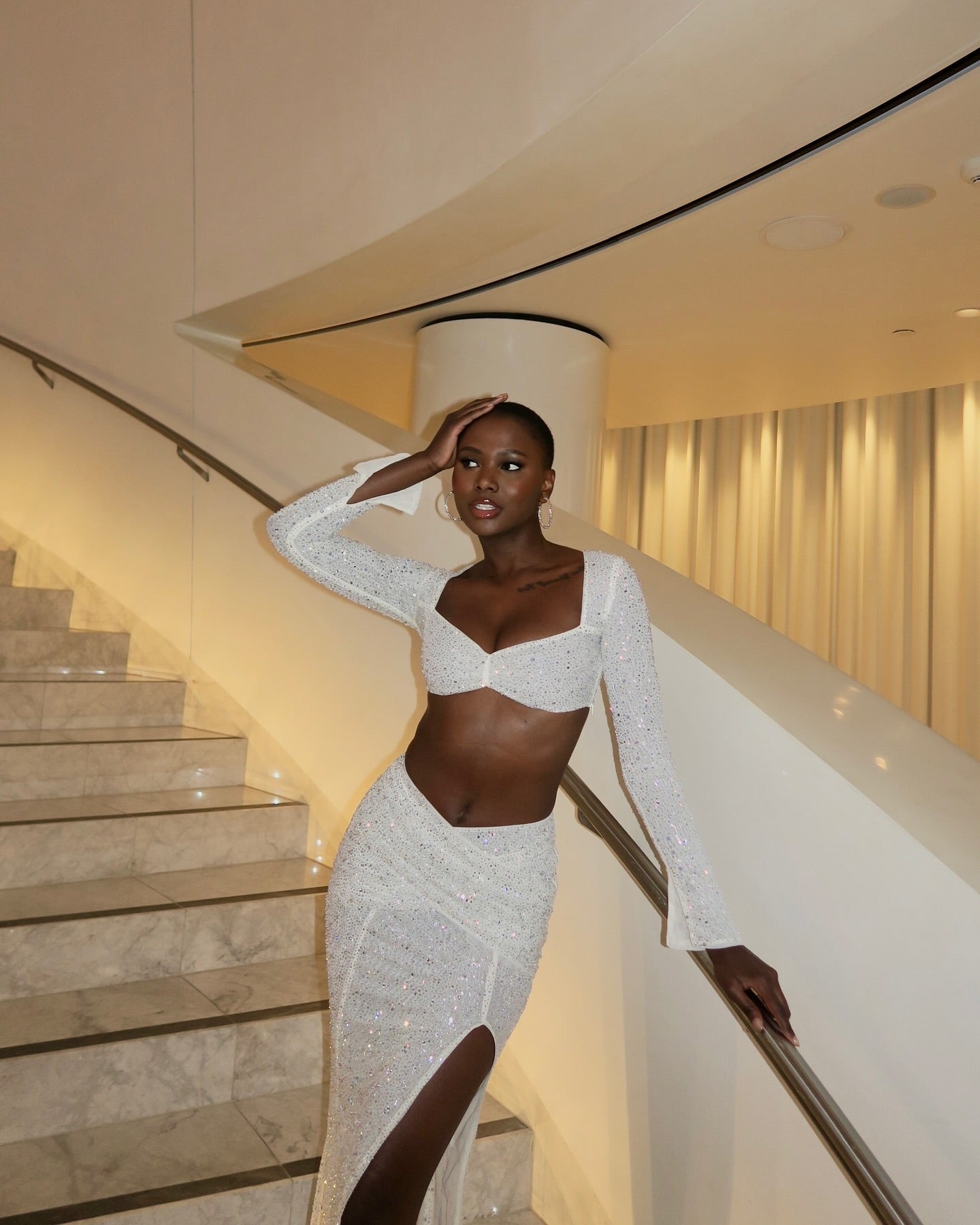 Long Sleeve Crystal Two Piece Maxi Dress Silver HV1569