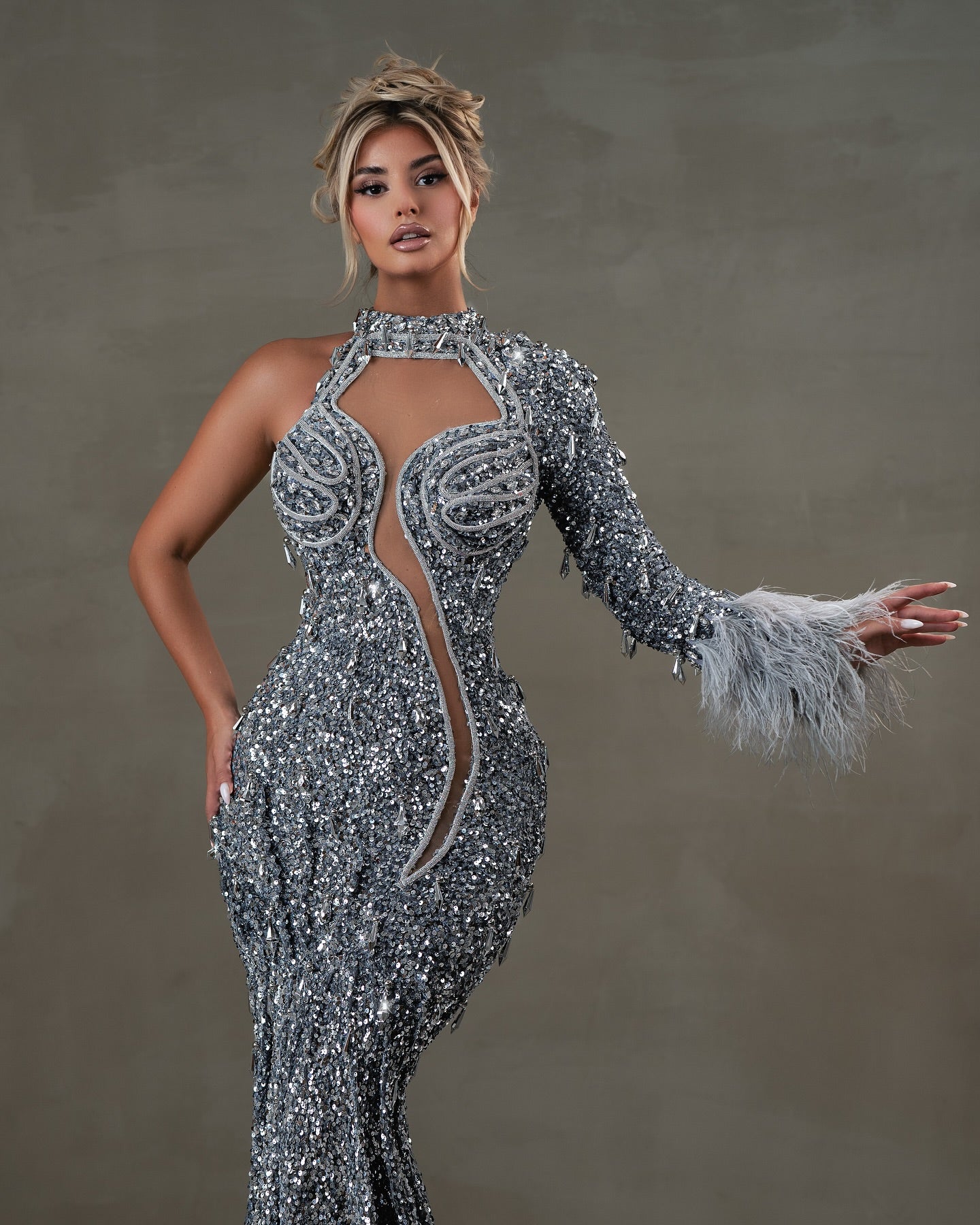 One Sleeve Sequin Maxi Dress Grey HV2229