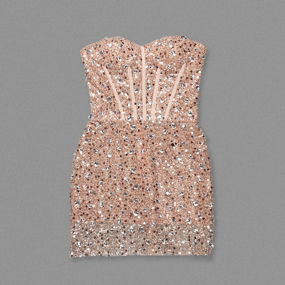 Strapless Corset Sequin Crystal Dress Nude Pink HV1656