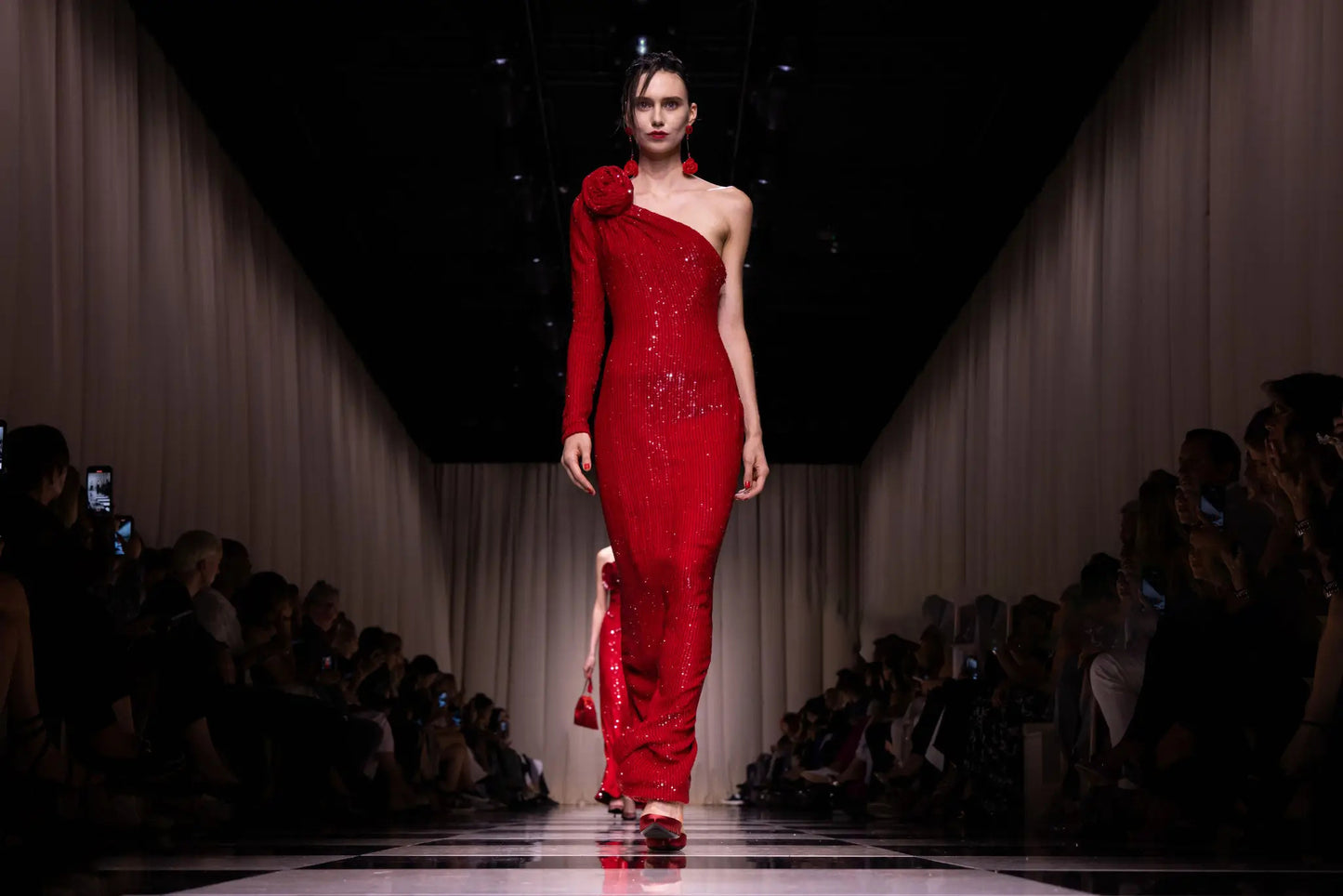 One Sleeve Sequin Midi Dress Red HV9898