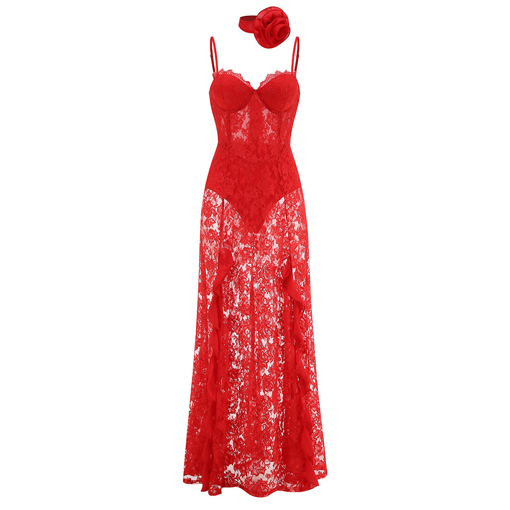 Floral Lace Bustier A Line Maxi Dress Red HV1787