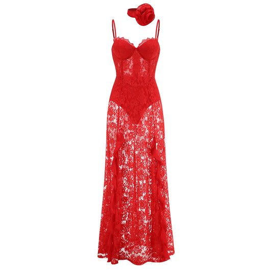Floral Lace Bustier A Line Maxi Dress Red HV1787