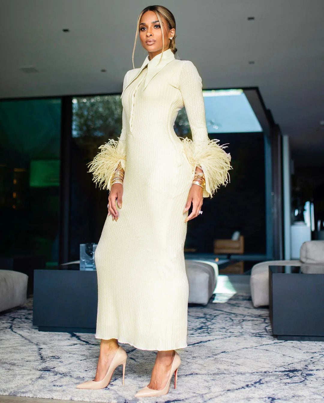 Long Sleeve Feather Ribbed Maxi Dress Ivory HV8975