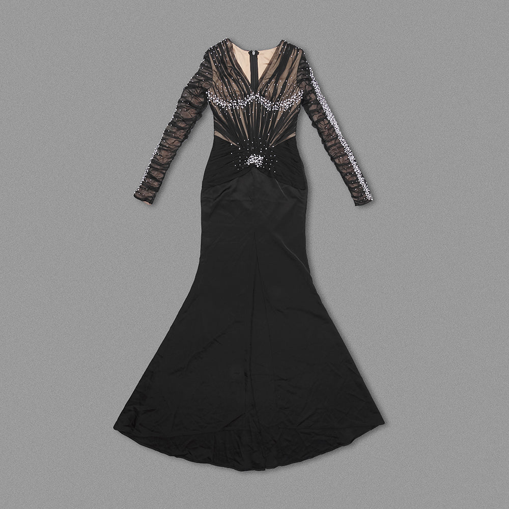 Long Sleeve Embellished Ruched Mesh Maxi Dress HV1576