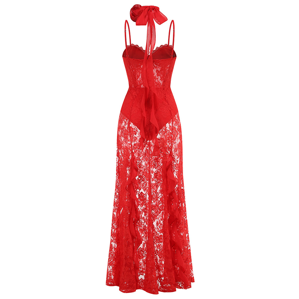 Floral Lace Bustier A Line Maxi Dress Red HV1787