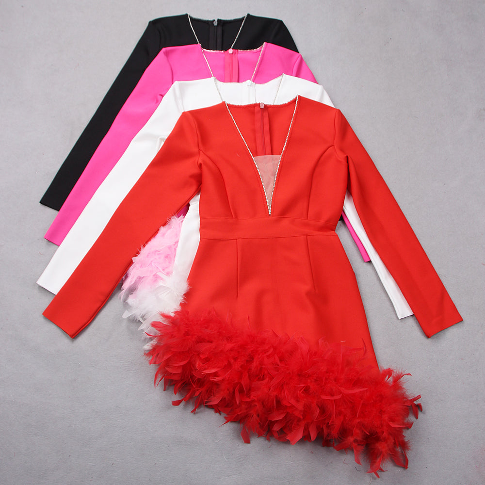Long Sleeve Rhinestone Feather Dress HV9215