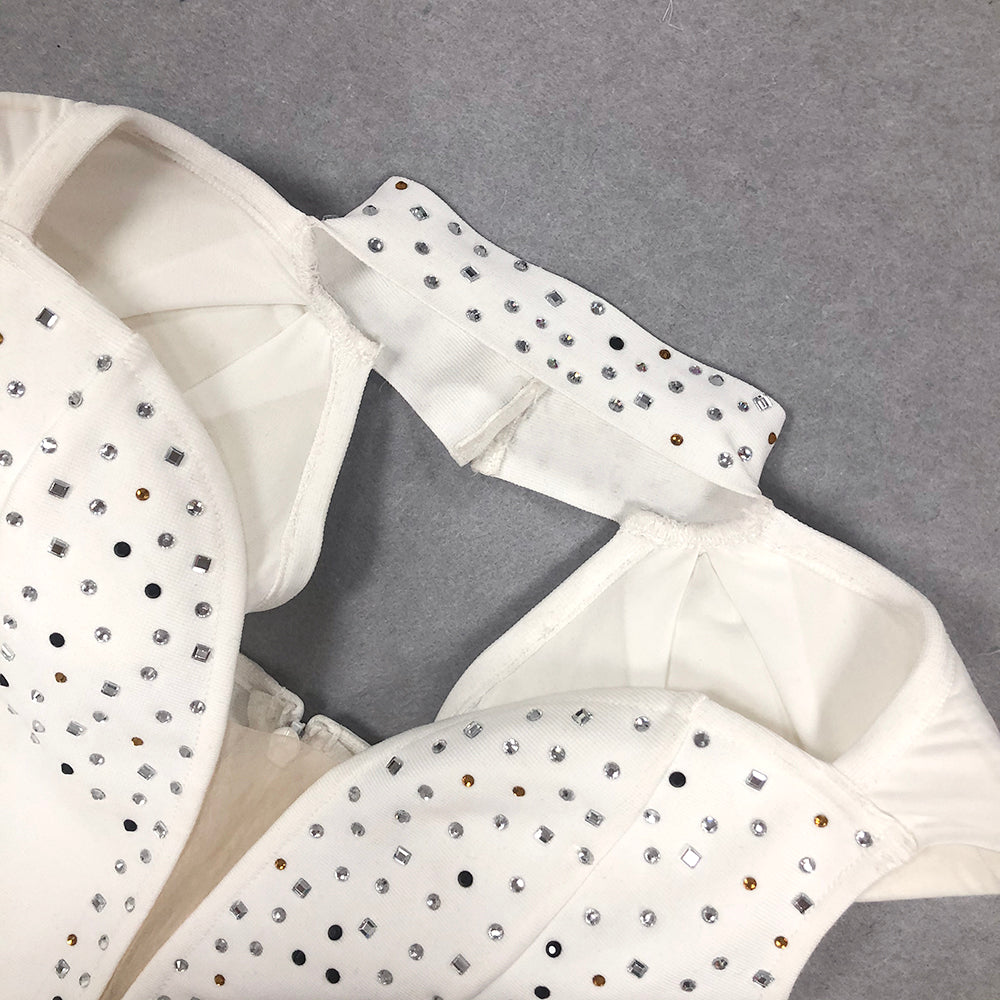 Crystal Embellished Feather Hem Dress White HV1471