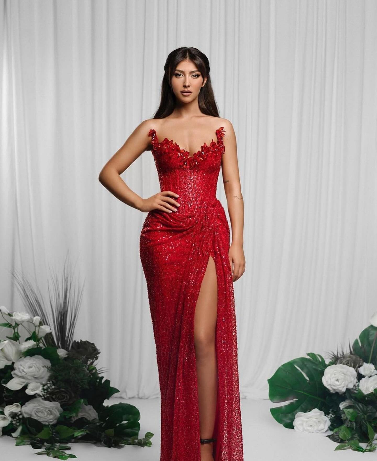 Strapless Crystal Bustier Sequin Maxi Dress Red HV179