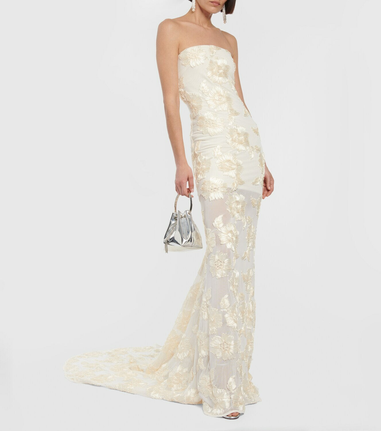 Strapless Floral Tail Maxi Dress Ivory HV1408