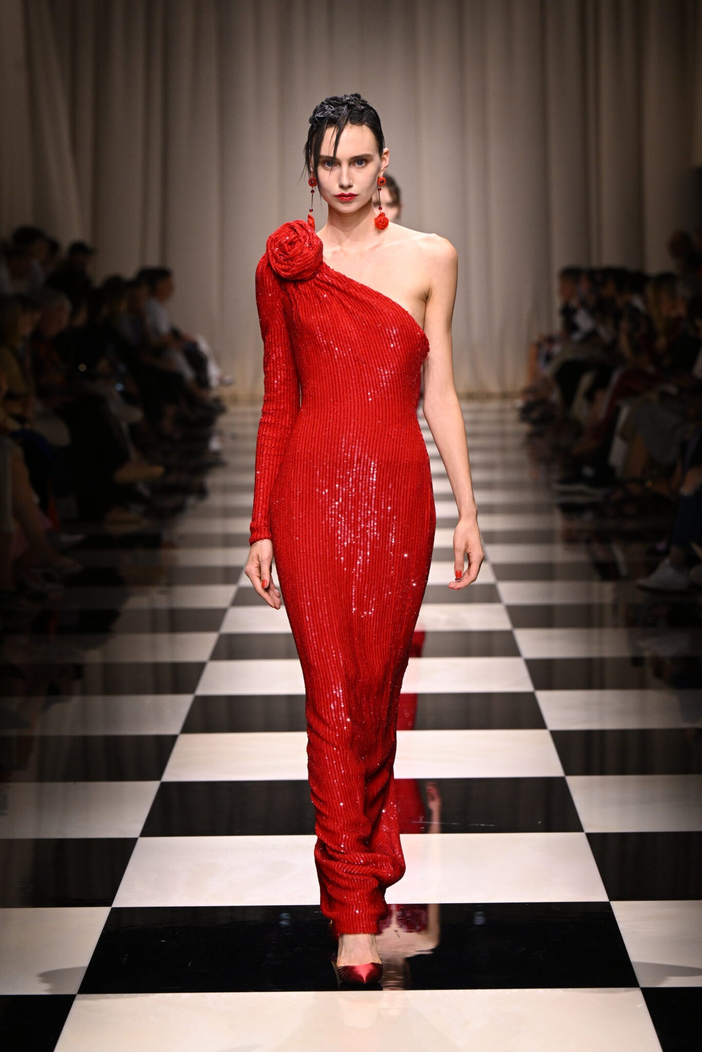 One Sleeve Sequin Midi Dress Red HV9898