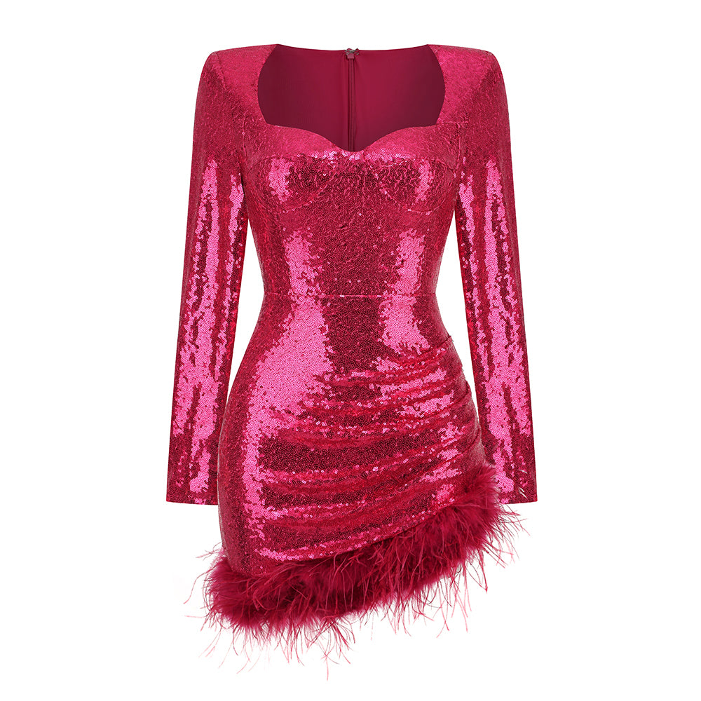 Long Sleeve Bustier Feather Sequin Dress HV8913