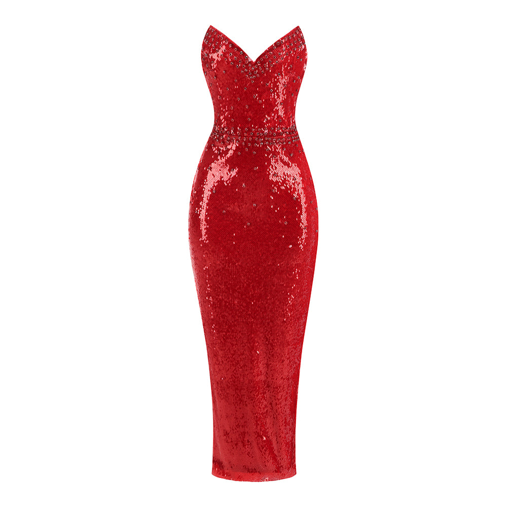 Strapless Crystal Sequin Midi Dress Red