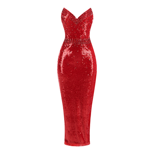 Strapless Crystal Sequin Midi Dress Red