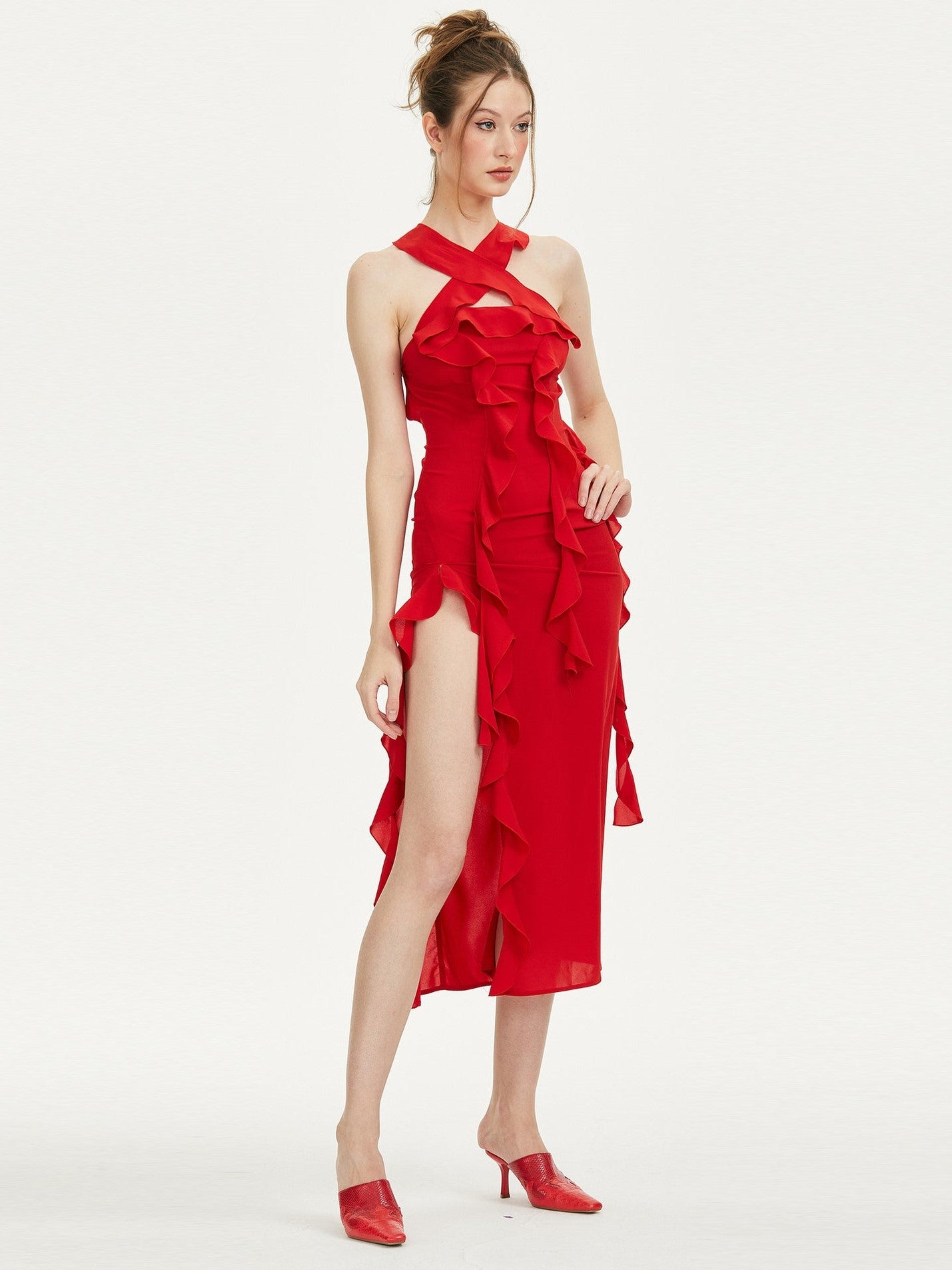 Halter Ruffle Midi Dress Red HV9889