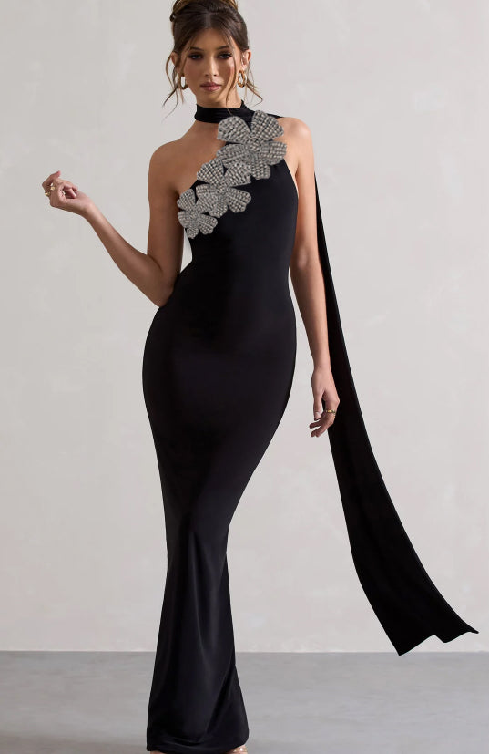 Halter Crystal Flowers Maxi Dress Black