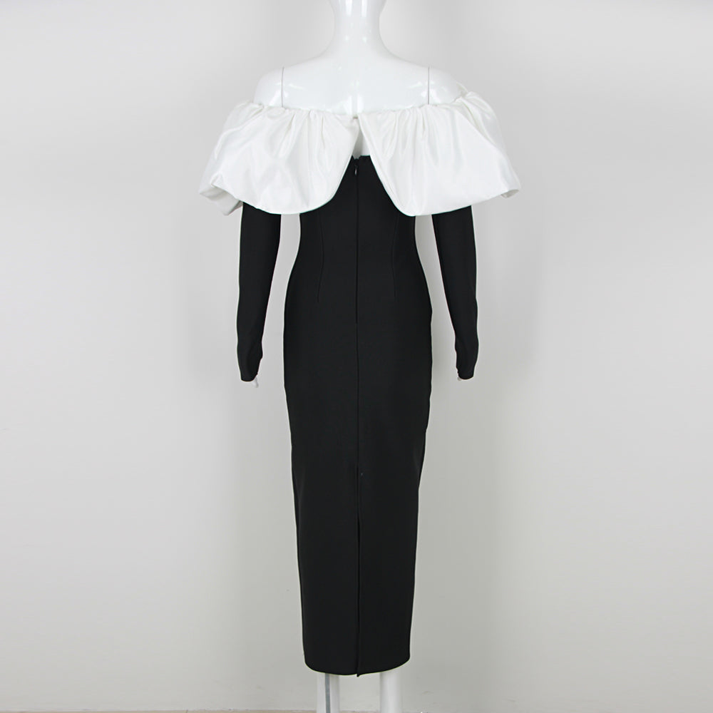 Long Sleeve Puff Bardot Midi Dress Black White HV1803