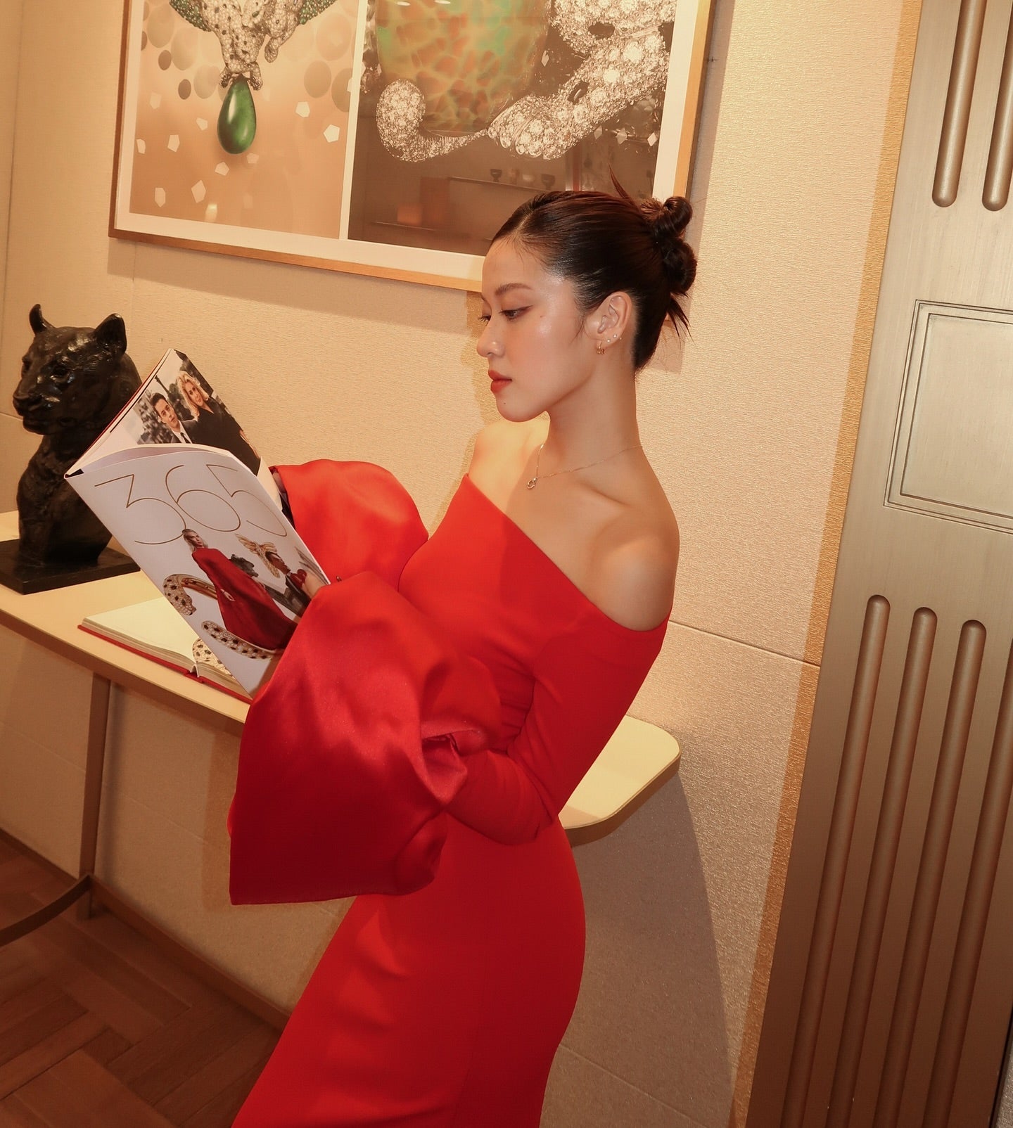 Long Sleeve Bardot Maxi Dress Red HV1855