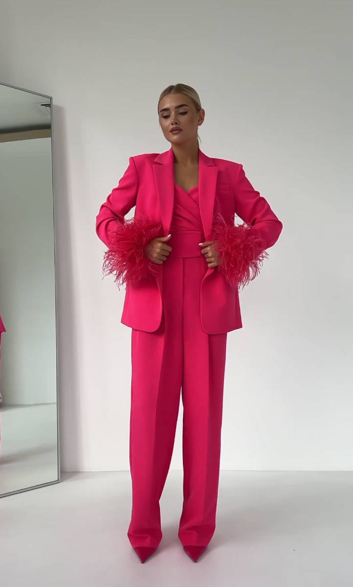 Long Sleeve Feather Detail Suit Hot Pink HV1267