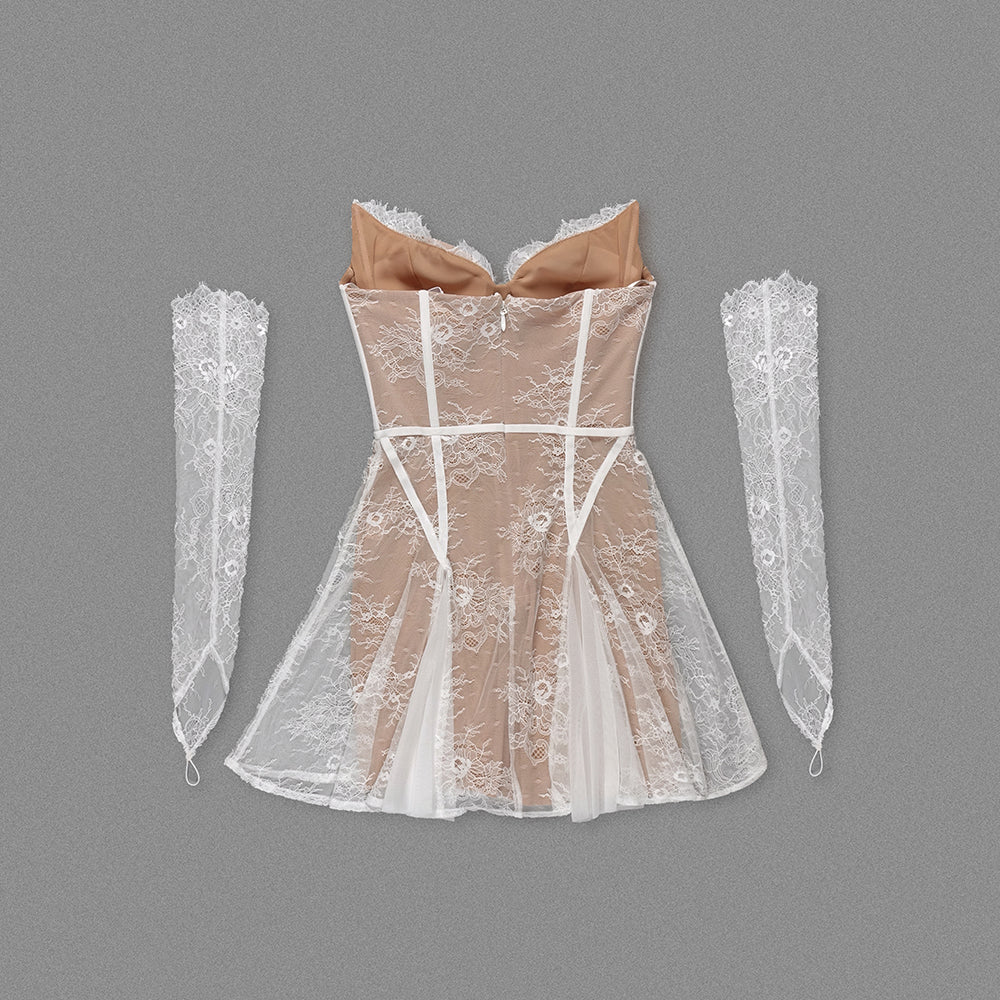 Long Sleeve Lace Corset A Line Dress White HV1200