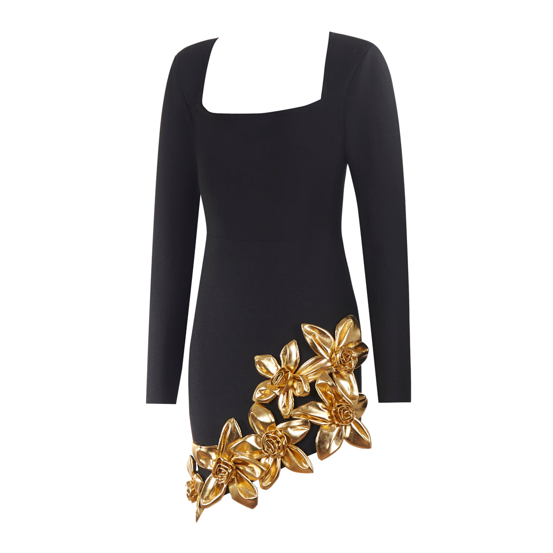 Long Sleeve Floral Hem Dress Black Gold HV2620