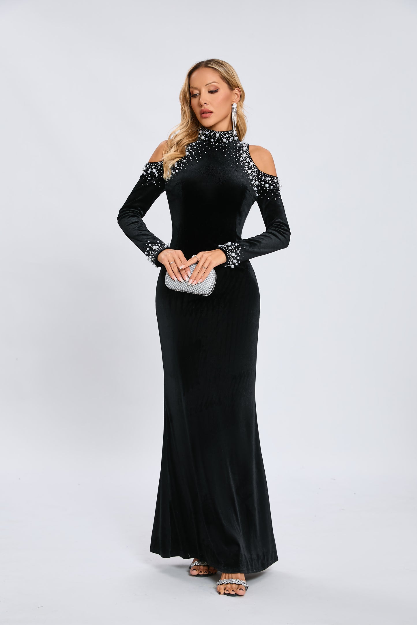 Long Sleeve Pearl Crystal Maxi Velvet Dress Black HV1928
