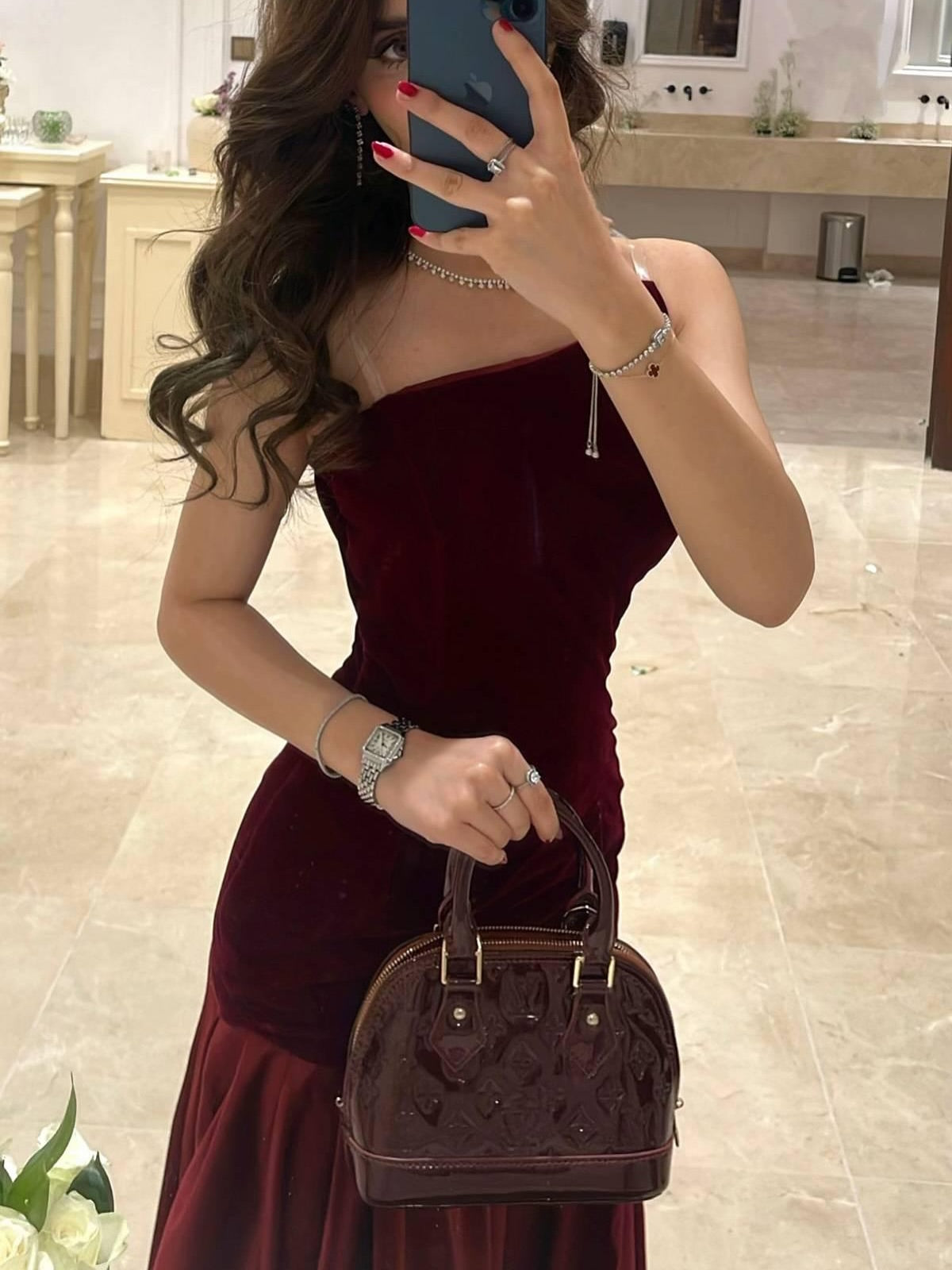 Strapless A Line Maxi Velvet Dress Burgundy HV3186