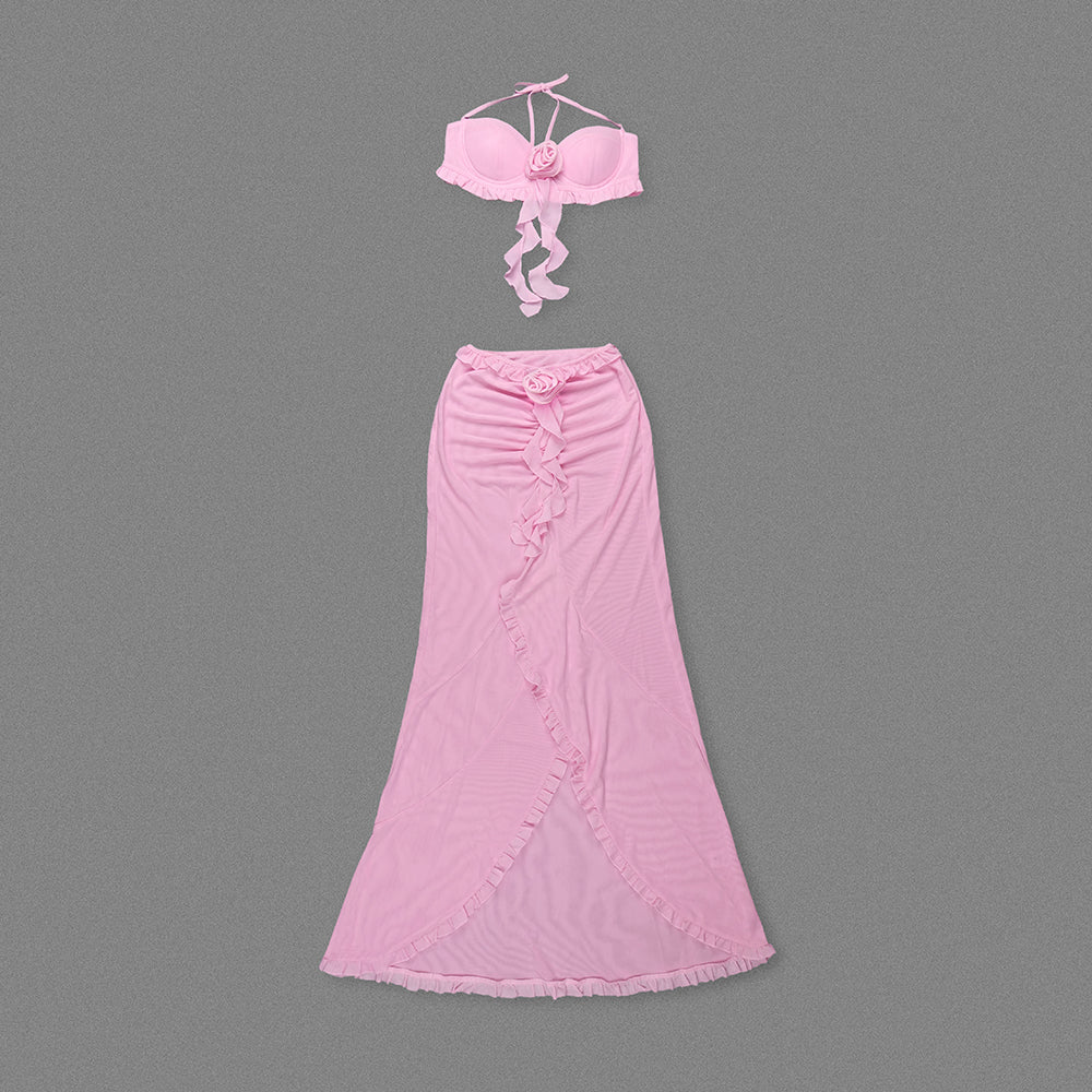 Halter Floral Ruffle Two Piece Maxi Dress Pink HV1510