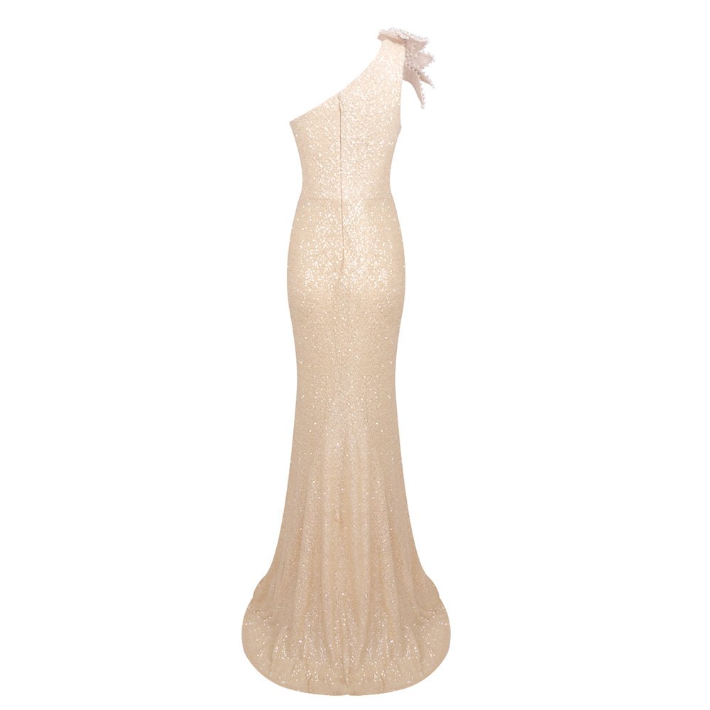 One Shoulder Pearl Sequin Maxi Dress Nude HV1782